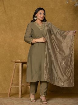 Yufta - Olive Green Silk Embroidered Kurta and Pant with Dupatta (Set of 3)
