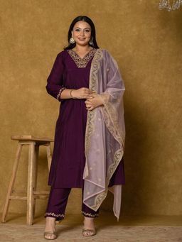 Yufta - Purple Silk Embroidered Kurta and Pant with Dupatta (Set of 3)