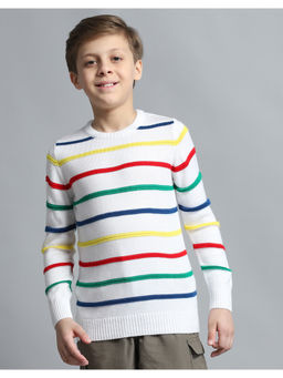 Monte Carlo - Boys Striped White Round Neck Full Sleeve Sweater