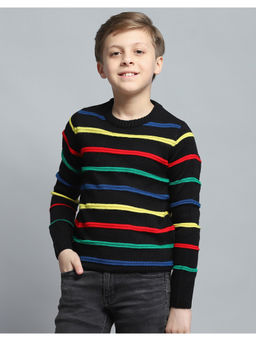 Monte Carlo - Boys Striped Black Round Neck Full Sleeve Sweater
