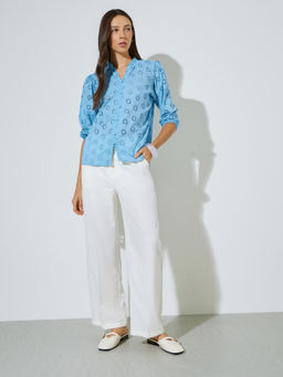Styli - Women Blue Cotton Three Fourth Sleeves Top
