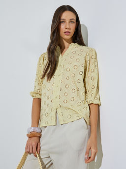 Styli - Women Yellow Cotton Three Fourth Sleeves Top