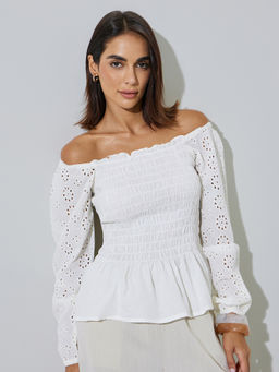 Styli - Women Off White Cotton Full Sleeves Top