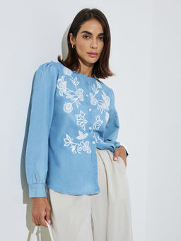 Styli - Women Blue Cotton Full Sleeves Top
