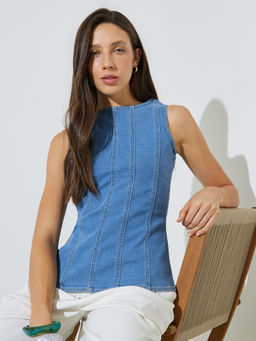 Styli - Women Blue Cotton Blend Sleeveless Top