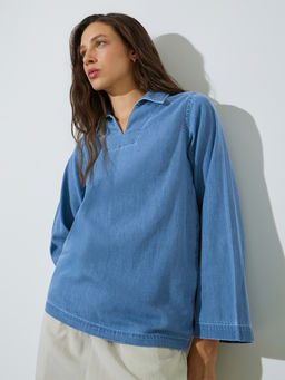 Styli - Women Blue Cotton Three Fourth Sleeves Top