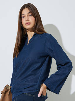 Styli - Women Blue Cotton Three Fourth Sleeves Top
