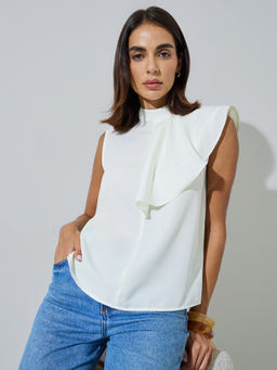 Styli - Women Off White Polyester Sleeveless Top