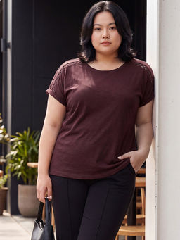 max - Women Burgundy Pure Cotton Half Sleeves T-Shirt