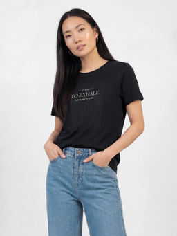 max - Women Black Pure Cotton Half Sleeves T-Shirt