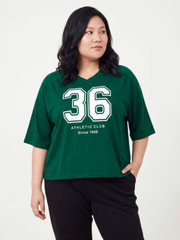 max - Women Green Polyester Blend Half Sleeves T-Shirt