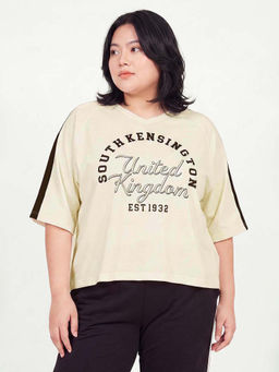 max - Women Off White Polyester Blend Half Sleeves T-Shirt