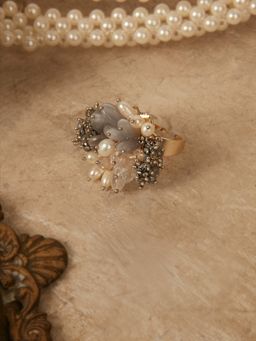 House of D'oro - Designer Beaded Ring with Pearls Ad Stone in Grey and Off-White