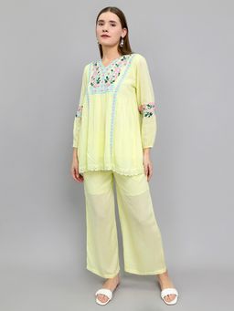 Monte Carlo - Yellow Viscose Embroidered Top with Palazzo