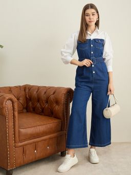 StyleStone - Style Stone Blue Denim Attached White Shirt Jumpsuit
