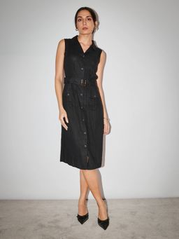 Cove and Lane - Black Air Linen Trench Coat Dress with Belt
