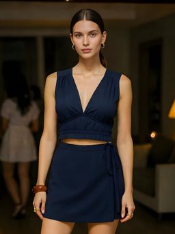 Don’t be basic - Navy Blue Sleeveless Solid Top with Skirt