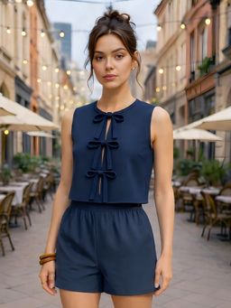 Don’t be basic - Navy Blue Sleeveless Solid Top with Shorts