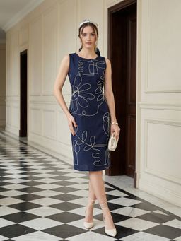 ZUMMER - Navy Blue Cord Work A-Line Dress