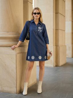 ZUMMER - Blue Embroidered Denim Dress