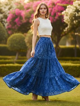 Sera - Blue Pure Cotton Tiered Maxi Skirt