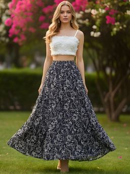 Sera - Navy Blue Pure Cotton Tiered Maxi Skirt