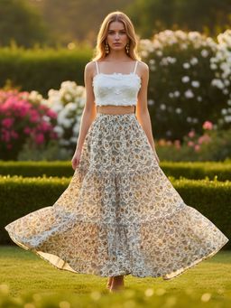 Sera - Off White Pure Cotton Tiered Maxi Skirt