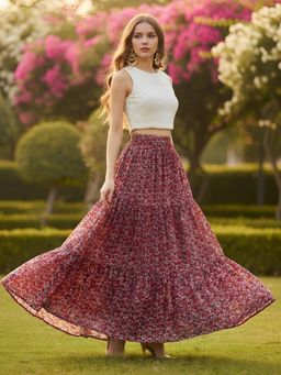 Sera - Maroon Pure Cotton Tiered Maxi Skirt