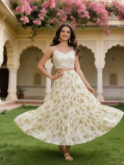 Sera - Beige Chiffon Floral Tiered Skirt