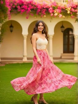 Sera - Pink Chiffon Floral Tiered Skirt