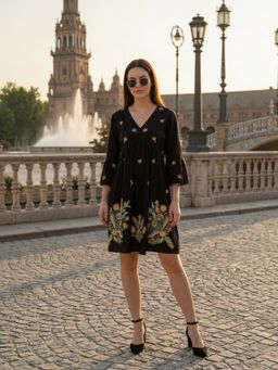 ZUMMER - Cotton Black Embroidered Empire Short Dress