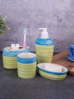 VarEesha - Ananda Blue Green Ceramic 4 Piece Bathroom Accessories Set Soap Dispenser with Accessories