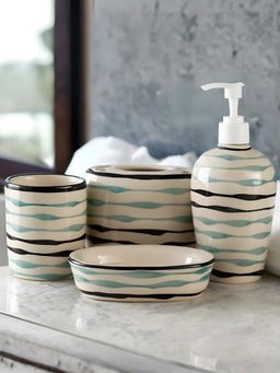 VarEesha - Mugdha off-White Ceramic 4 Piece Bathroom Accessories Set Soap Dispenser with Accessories