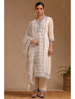 Soch - Women's Off White Cotton Embroidered Kurta with Pant & Dupatta (Set of 3)