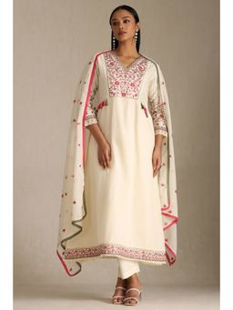 Soch - Women's Off White Cotton Floral Print Kurta with Pant & Dupatta (Set of 3)