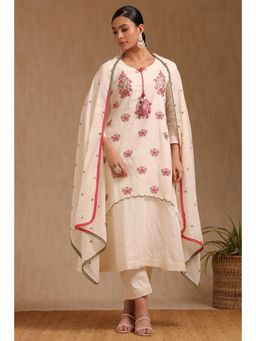 Soch - Women's Off White Cotton Floral Print Kurta with Pant & Dupatta (Set of 3)