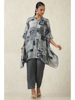 Soch - Women's Grey Muslin Floral Print Cutdana Kaftan & Pant (Set of 2)