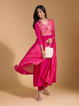 Gahan - Chinon Embroidered Embellished Flared Pink Angarkha with Pant and Dupatta (Set of 3)