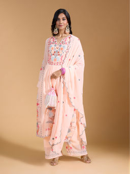 Gahan - Embroidered Mirror Work Scallop Detail Peach Kurta and Pant with Dupatta (Set of 3)