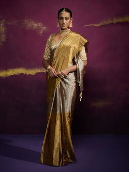 Dressfolk - Handwoven Tissue Gold Silver Ready To Wear Saree With Unstitched Blouse
