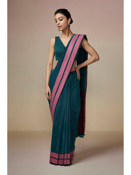 Dressfolk - Handwoven Cotton Teal Pink Border Ready To Wear Saree With Unstitched Blouse