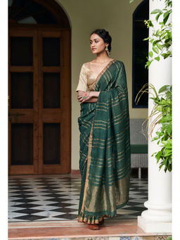Dressfolk - Handwoven Linen Green Coloured Ready To Wear Saree With Unstitched Blouse
