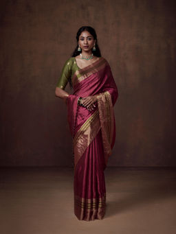 Dressfolk - Handwoven Tissue Deep Pink Ready To Wear Saree With Unstitched Blouse