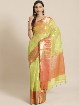 Indethnic - Banarasi Green Woven Design Daily Wear Saree With Unstitched Blouse