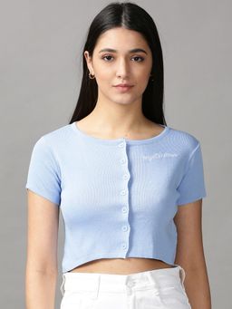 SHOWOFFFF - Womens Round Neck Fitted Solid Blue Crop Top