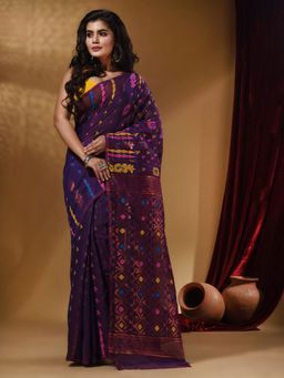 Arhi - Purple Cotton Handwoven jamdhani Saree with Multicolor Floral Designs and Motifs