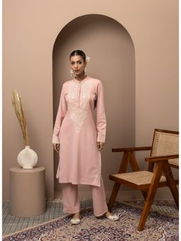 Lakshita - Pink Embroidered Thread Work Woolen Straight Kurta with Palazzo (Set of 2)