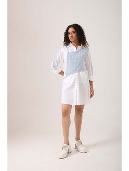 September Spring - Crochet Denim Bib Shirt Dress - Multi-Color