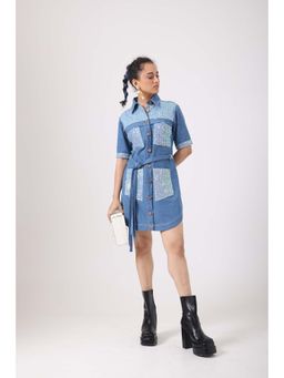 September Spring - Sequence Denim Pocket Patch Dress with Belt - Blue