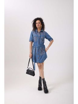September Spring - Rugged Denim Pocket Patch Dress with Belt - Blue